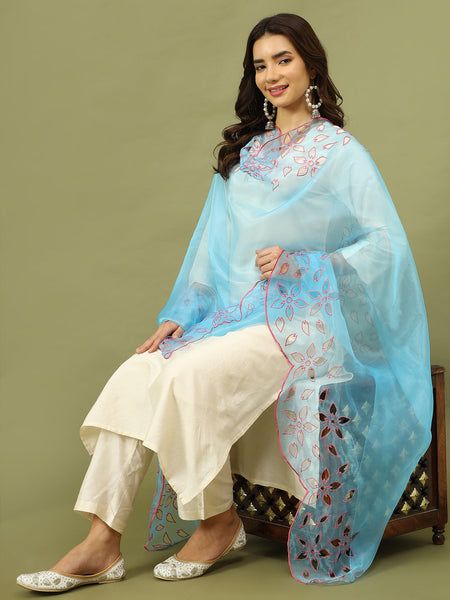 Women Solid Kurta with Trousers & Turquoise Blue Color Dupatta
