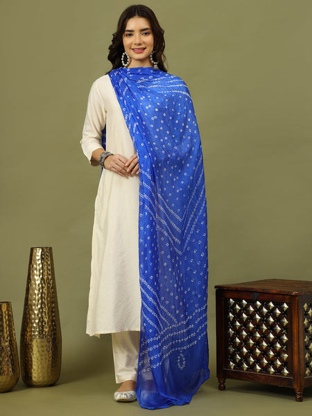 Women Solid Kurta with Trousers & Bandhani Printed Blue Color Dupatta