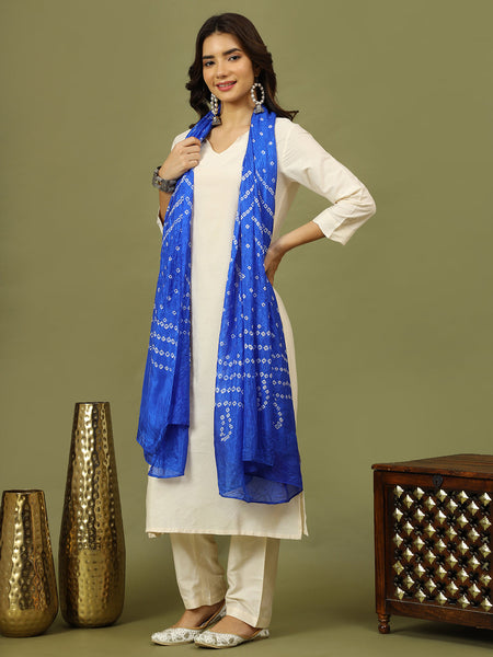 Women Solid Kurta with Trousers & Bandhani Printed Blue Color Dupatta