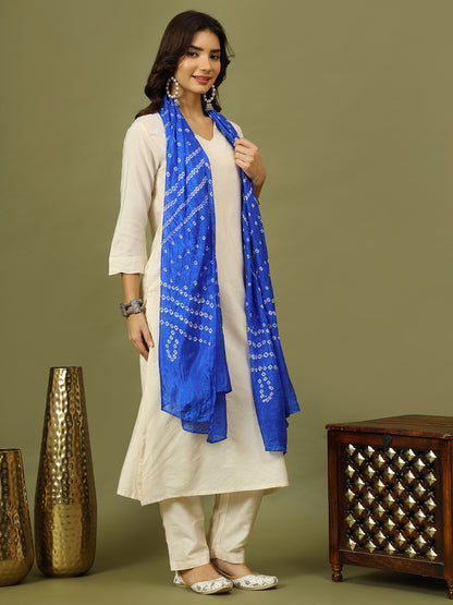 Women Solid Kurta with Trousers & Bandhani Printed Blue Color Dupatta