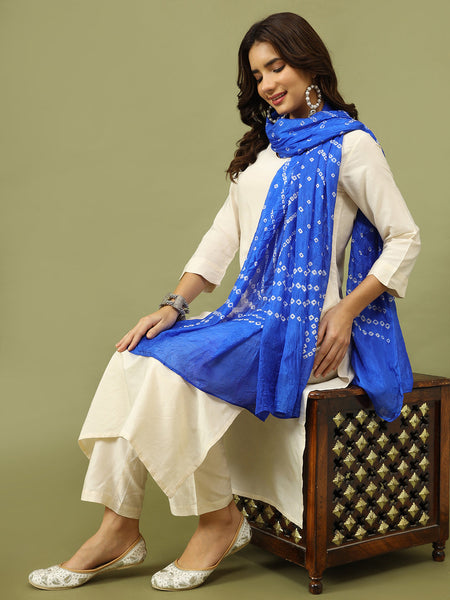 Women Solid Kurta with Trousers & Bandhani Printed Blue Color Dupatta