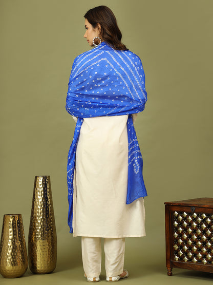 Women Solid Kurta with Trousers & Bandhani Printed Blue Color Dupatta