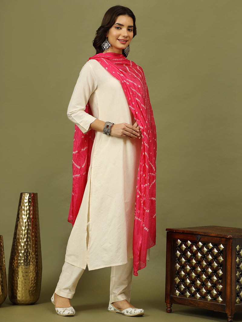 Women Solid Kurta with Trousers & Bandhani Printed Pink Color Dupatta