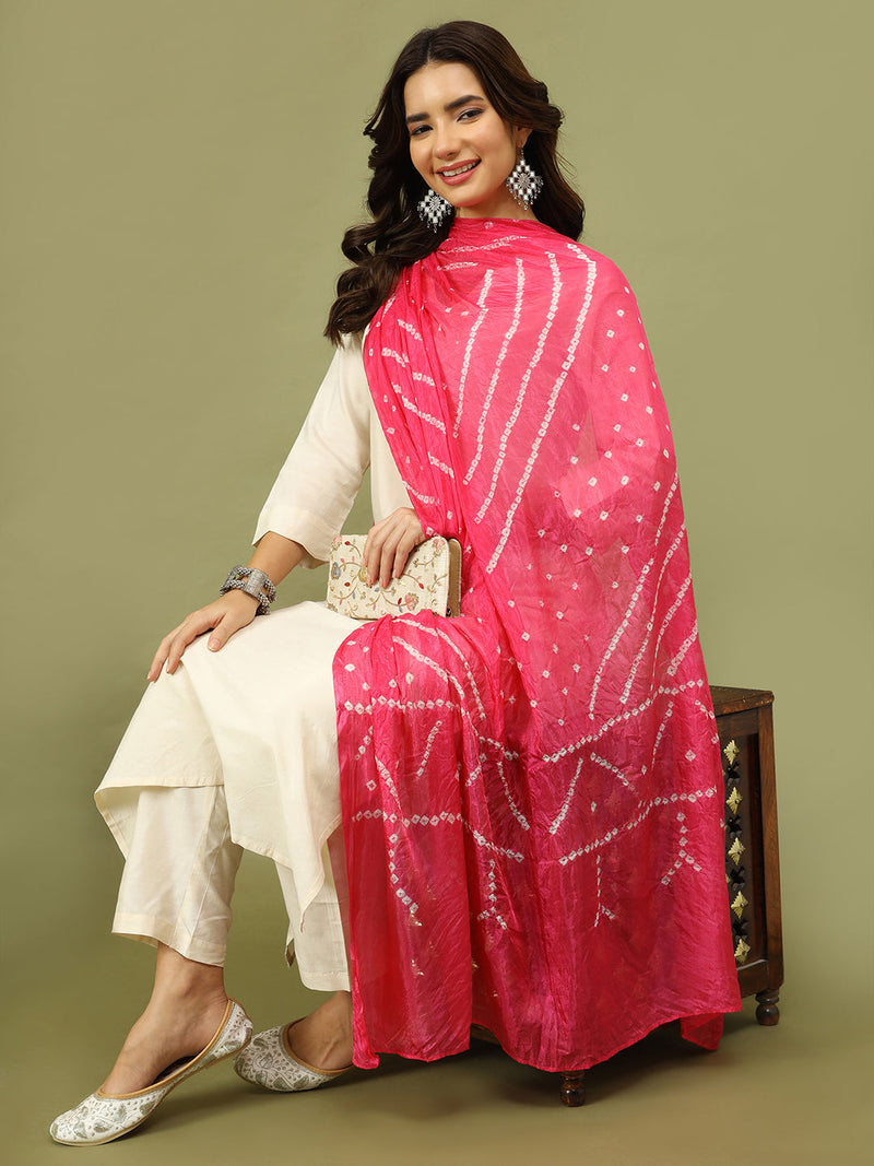 Women Solid Kurta with Trousers & Bandhani Printed Pink Color Dupatta