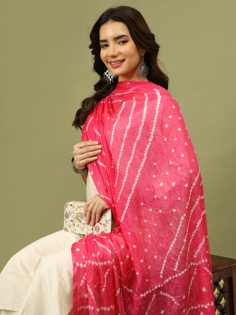 Women Solid Kurta with Trousers & Bandhani Printed Pink Color Dupatta