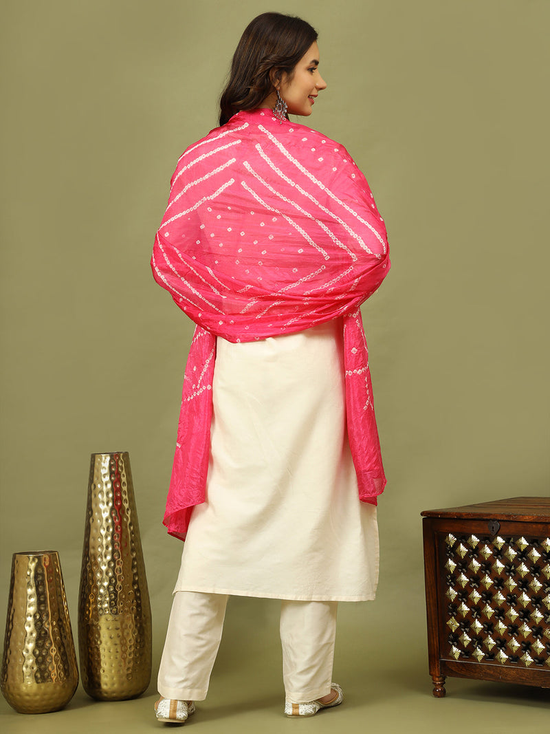 Women Solid Kurta with Trousers & Bandhani Printed Pink Color Dupatta