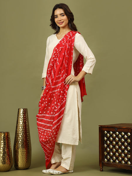 Women Solid Kurta with Trousers & Bandhani Printed Red Color Dupatta