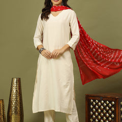 Women Solid Kurta with Trousers & Bandhani Printed Red Color Dupatta