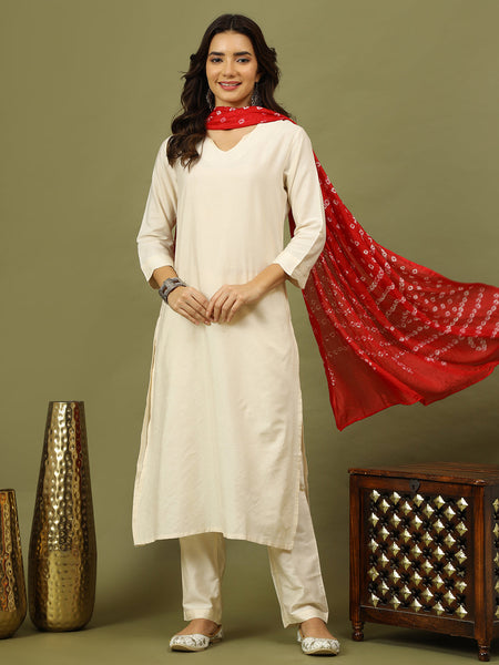 Women Solid Kurta with Trousers & Bandhani Printed Red Color Dupatta