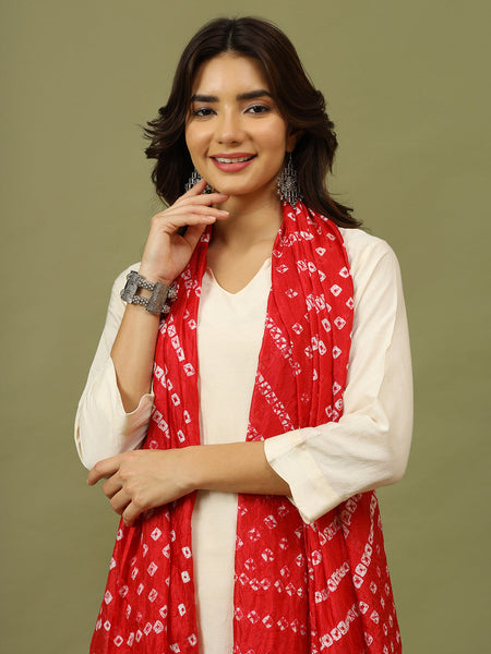 Women Solid Kurta with Trousers & Bandhani Printed Red Color Dupatta