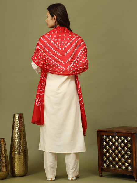 Women Solid Kurta with Trousers & Bandhani Printed Red Color Dupatta