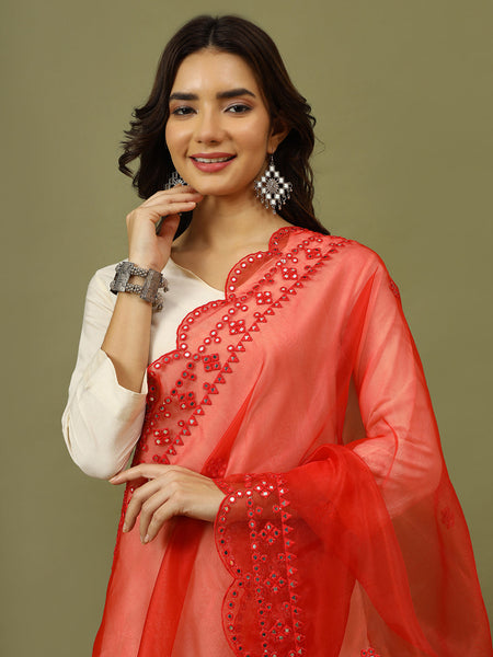 Women Solid Kurta with Trousers & Red Embroidery Dupatta