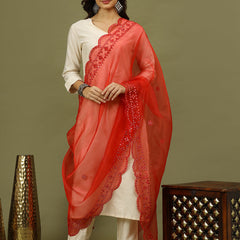 Women Solid Kurta with Trousers & Red Embroidery Dupatta