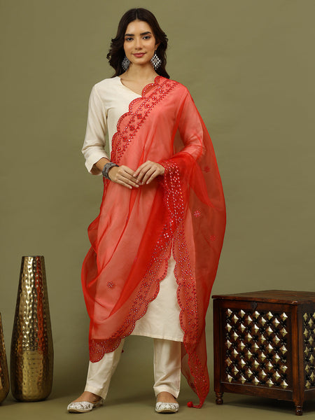 Women Solid Kurta with Trousers & Red Embroidery Dupatta