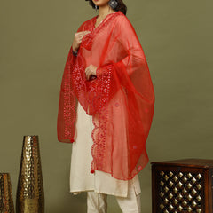 Women Solid Kurta with Trousers & Red Embroidery Dupatta