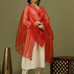 Women Solid Kurta with Trousers & Red Embroidery Dupatta