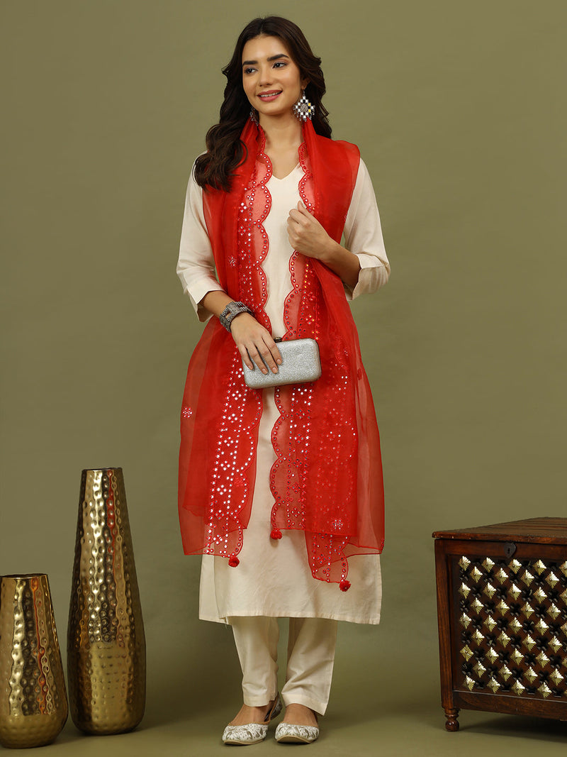 Women Solid Kurta with Trousers & Red Embroidery Dupatta