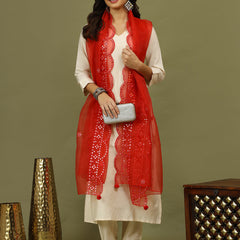 Women Solid Kurta with Trousers & Red Embroidery Dupatta