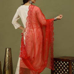 Women Solid Kurta with Trousers & Red Embroidery Dupatta