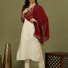 Women Solid Kurta with Trousers & Wine Color Dupatta