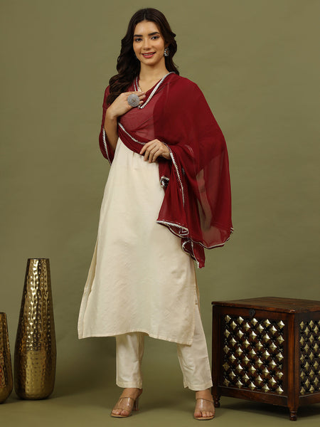 Women Solid Kurta with Trousers & Wine Color Dupatta