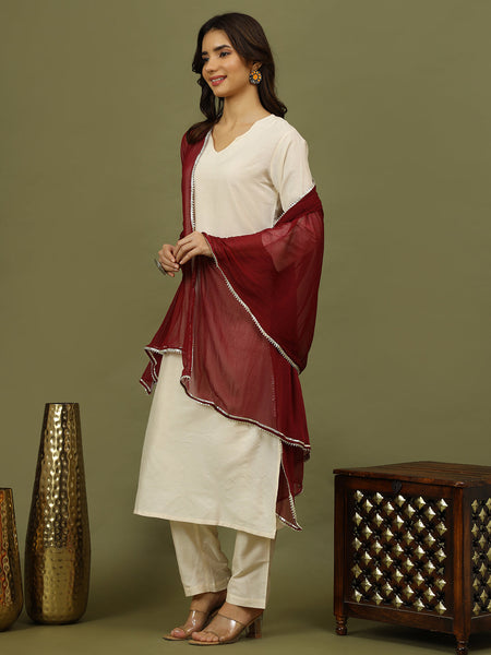 Women Solid Kurta with Trousers & Wine Color Dupatta