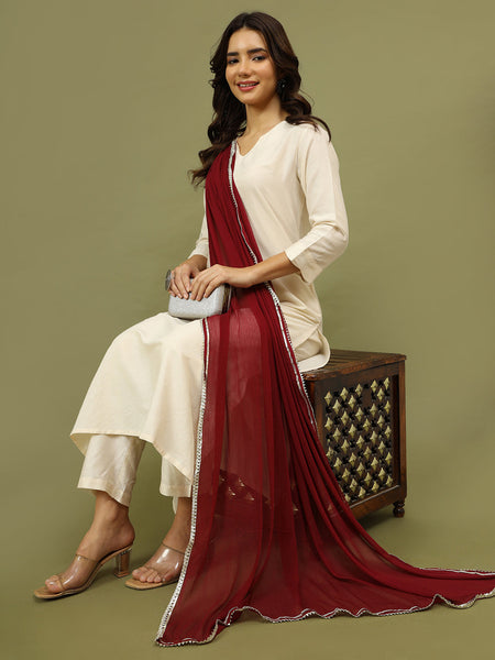 Women Solid Kurta with Trousers & Wine Color Dupatta