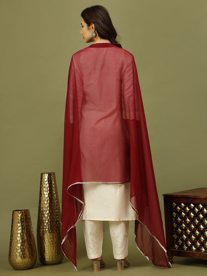 Women Solid Kurta with Trousers & Wine Color Dupatta