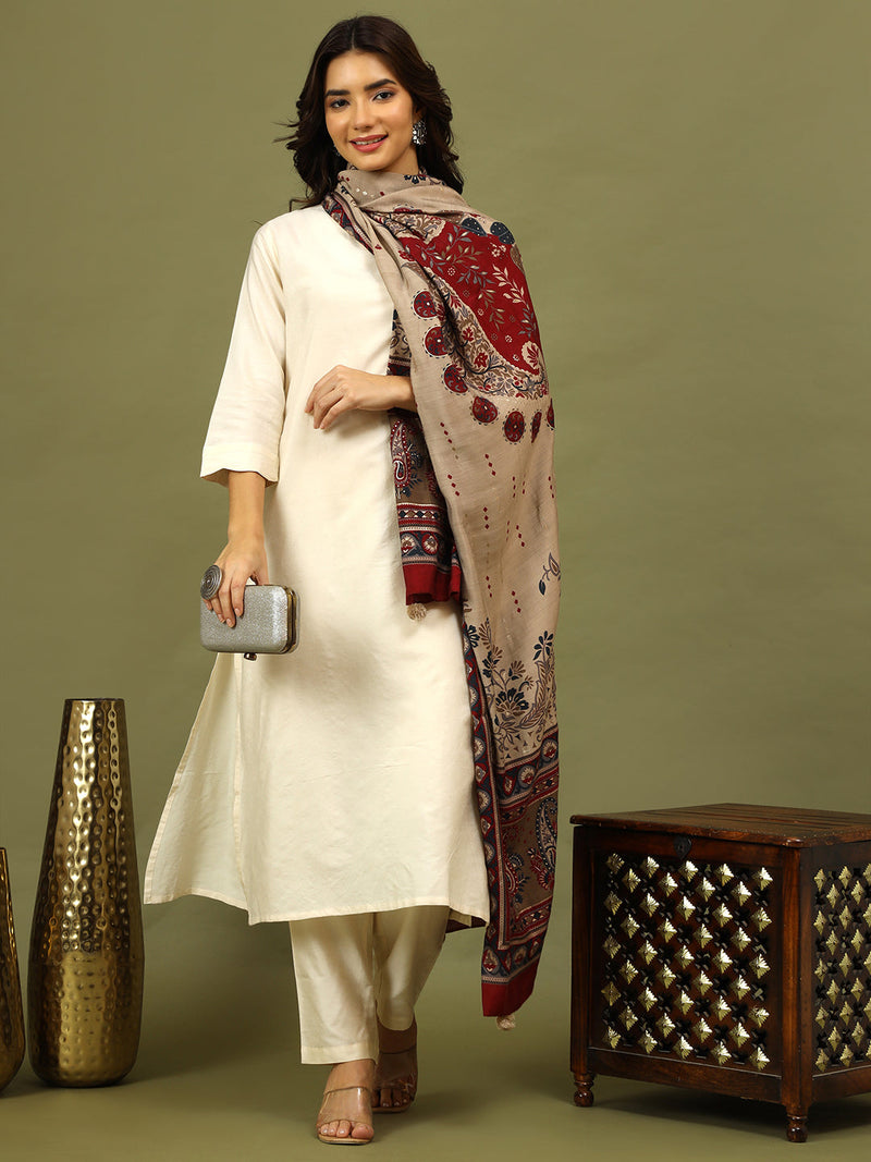 Women Solid Kurta with Trousers & Printed Dupatta