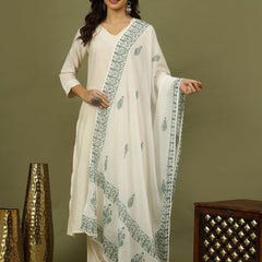 Women Solid Kurta with Trousers & White Color Printed Dupatta