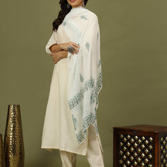 Women Solid Kurta with Trousers & White Color Printed Dupatta