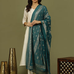 Women Solid Kurta with Trousers & Green Foil Printed Dupatta
