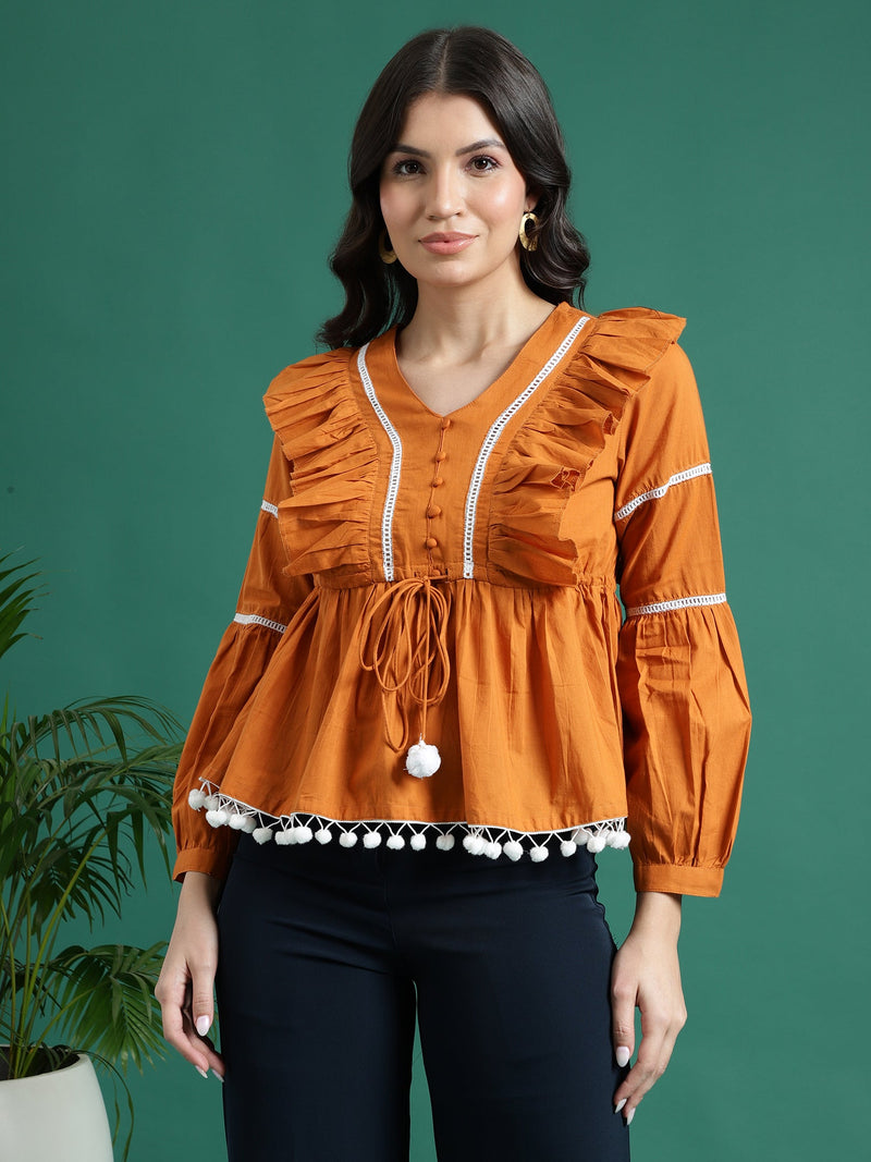 Women Mustard Color V-Neck Gathered Cotton Peplum Tops