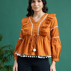 Women Mustard Color V-Neck Gathered Cotton Peplum Tops