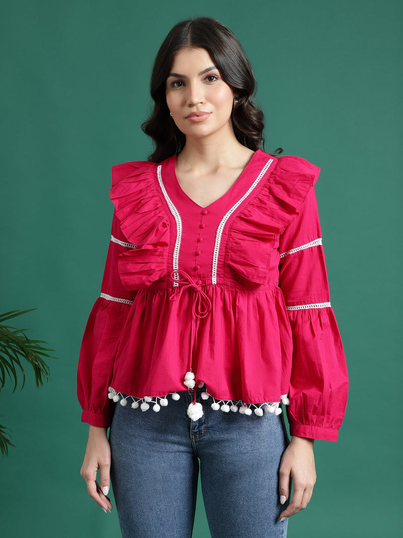 Women Pink Color V-Neck Gathered Cotton Peplum Tops