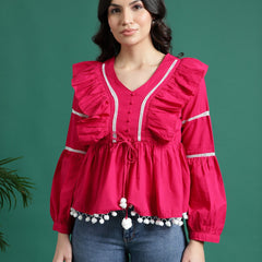 Women Pink Color V-Neck Gathered Cotton Peplum Tops