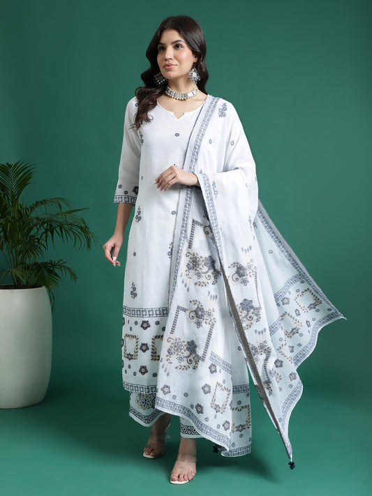 Women White Color Self Design Kurta Palazzo With Dupatta Set