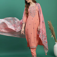 Women Peach Color Embroidered Straight Kurta Set