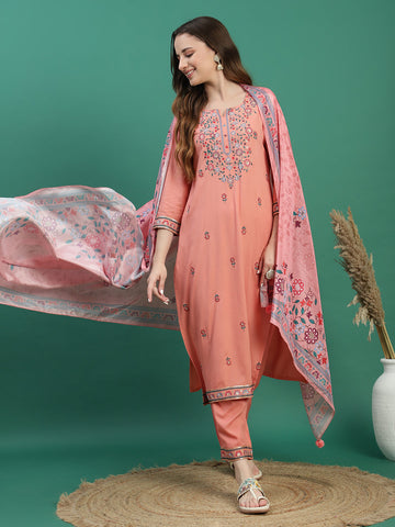 Women Peach Color Ethnic Motifs Embroidered Regular Sequinned Kurta with Trousers & With Dupatta