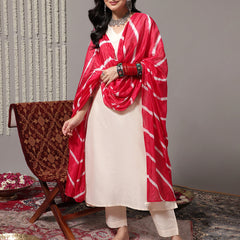 Women Off White V-Neck Straight Kurta With Trousers & Dupatta