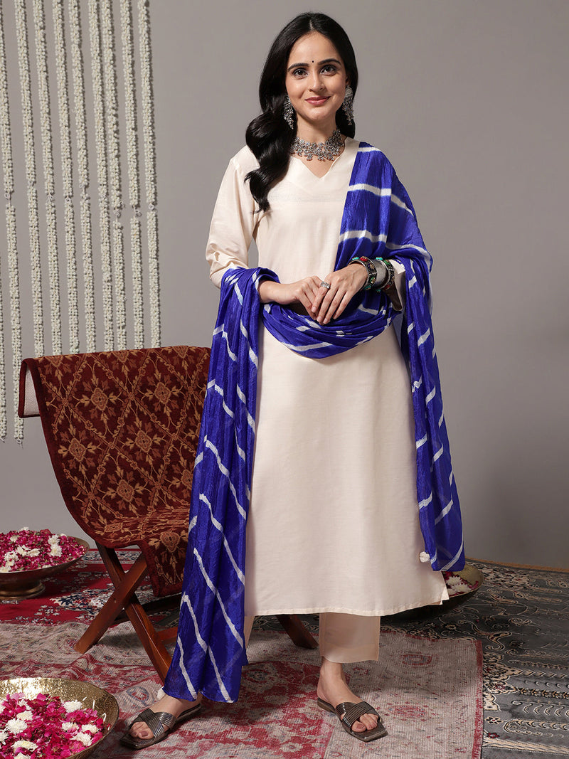 Women V-Neck Straight Kurta With Trousers & Dupatta