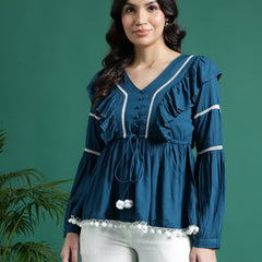 Women Blue V-Neck Gathered Cotton Peplum Tops