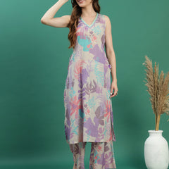 Women Beige Floral Printed Mirror Work V-Neck Straight Kurta With Trousers