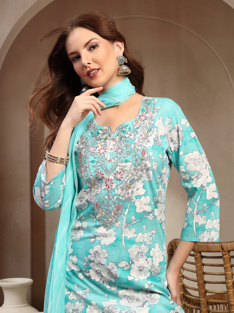Women Turquoise Blue Pure Cotton Kurta Sets
