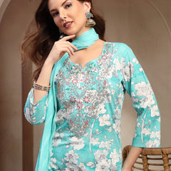 Women Turquoise Blue Pure Cotton Kurta Sets