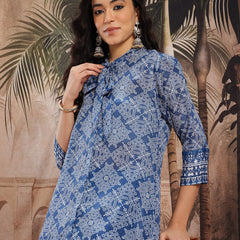 Women Blue Printed Kurta Palazzo Set