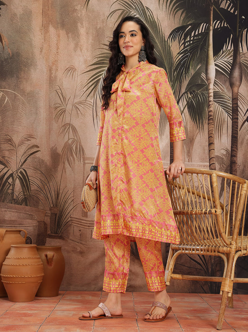 Women Yellow Floral Printed Chinnon Kurta with Palazzos