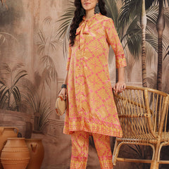 Women Yellow Floral Printed Chinnon Kurta with Palazzos