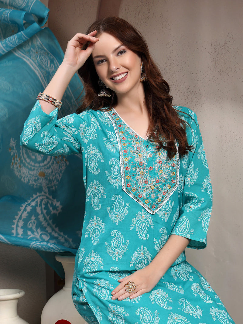 Women Turquoise Blue Pure Cotton Kurta Set