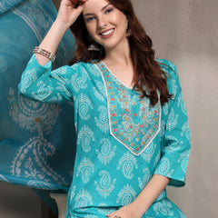 Women Turquoise Blue Pure Cotton Kurta Set